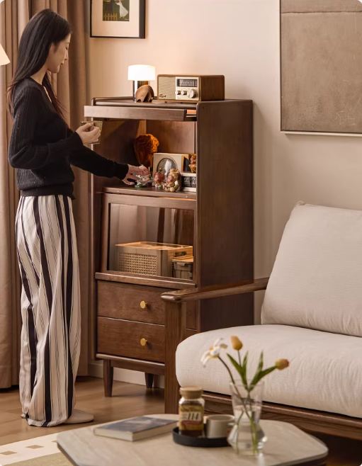 Sandalwood Solid Wood Side Cabinet with Storage and Light