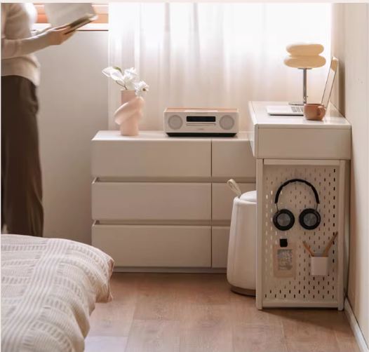 Solid Rubberwood Telescopic Vanity Table with Single-Layer Storage in White Cream