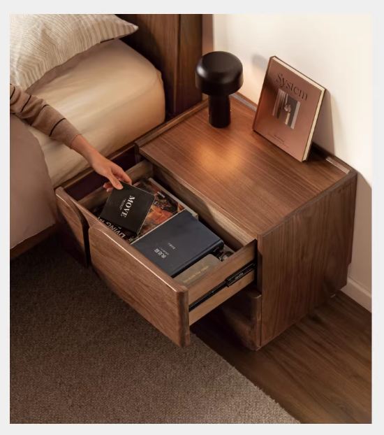 Black Walnut Solid Wood Nightstand with Light Luxury Storage Cabinet