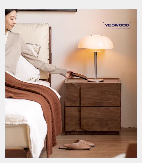 Black Walnut Solid Wood Nightstand with Light Luxury Storage Cabinet