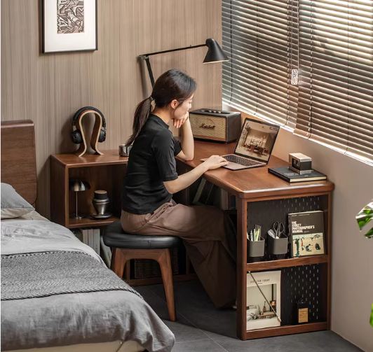 Solid Rubberwood, Oak Solid Wood Telescopic Corner Office Desk