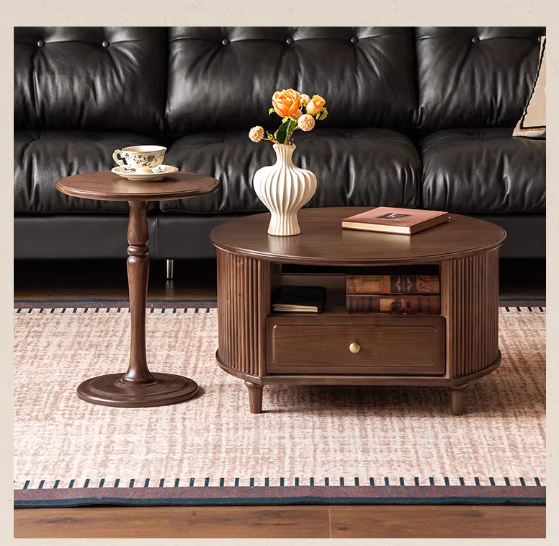 Black Walnut Solid Wood Coffee Table with Storage Drawer, Mid Century