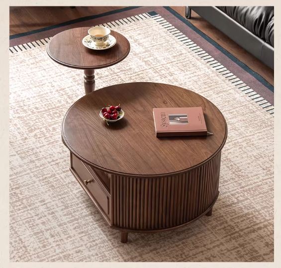 Black Walnut Solid Wood Coffee Table with Storage Drawer, Mid Century