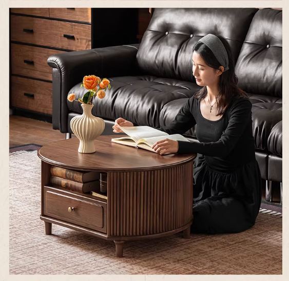Black Walnut Solid Wood Coffee Table with Storage Drawer, Mid Century