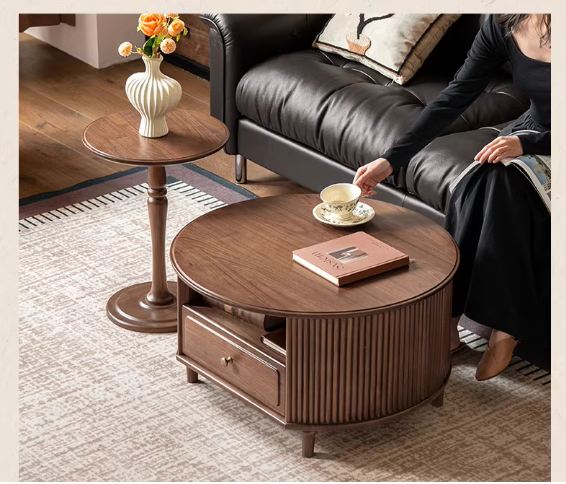 Black Walnut Solid Wood Coffee Table with Storage Drawer, Mid Century