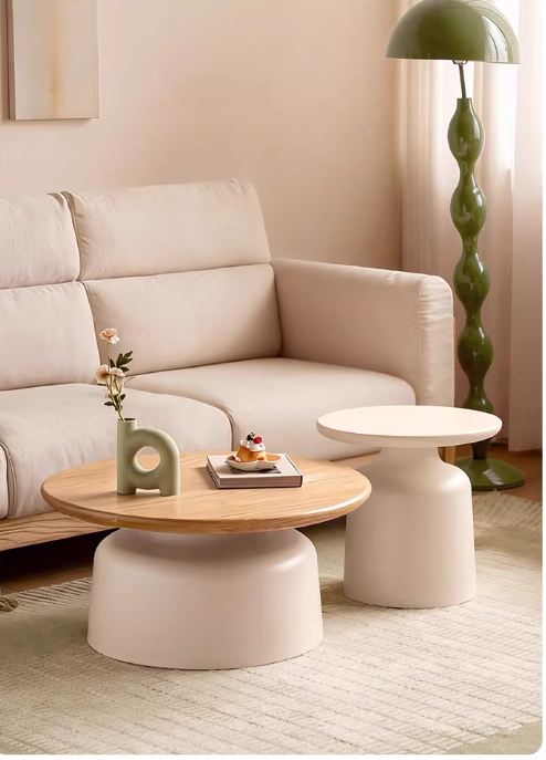Oak Solid Wood, Solid RubberWood Round Nesting Coffee Tables, Modern Cream Style