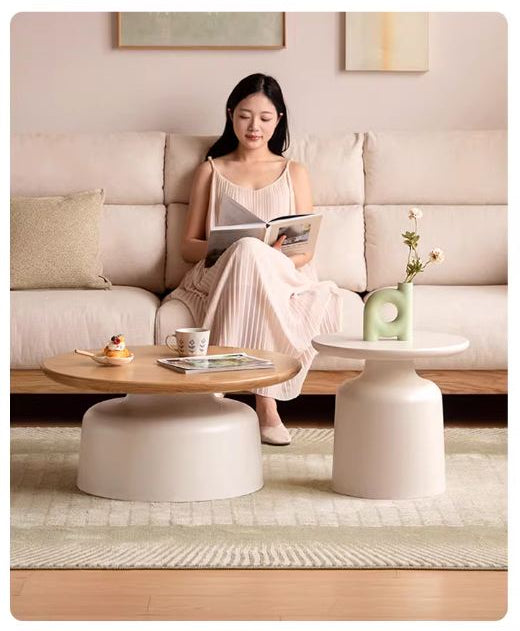 Oak Solid Wood, Solid RubberWood Round Nesting Coffee Tables, Modern Cream Style