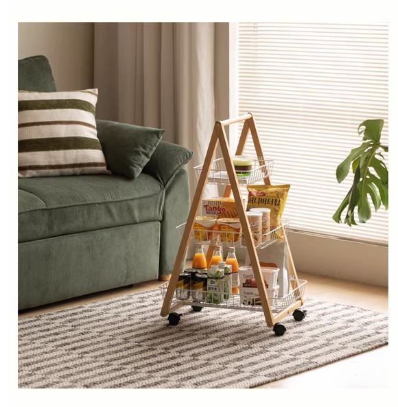 Beech Solid Wood Storage Rack with Multi-Layer and Mobile Trolley