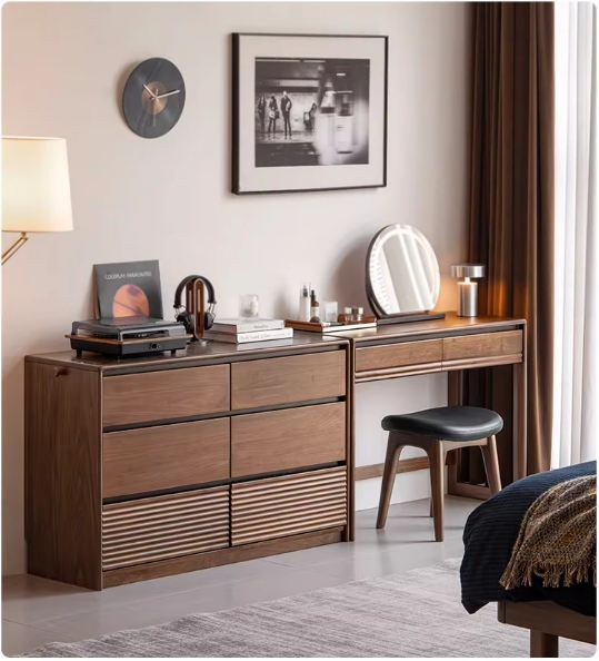 Black Walnut Solid Wood Vanity Desk and Dresser Combo, Italian Style