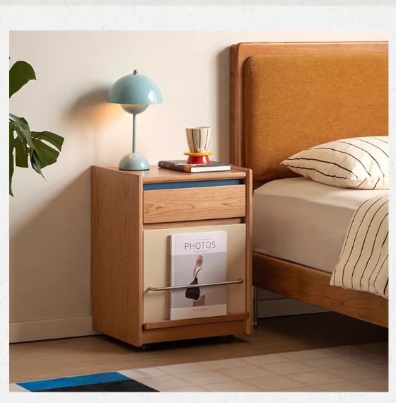 Cherry Solid Wood Nightstand with Storage Drawer and Magazine Holder with Wheels