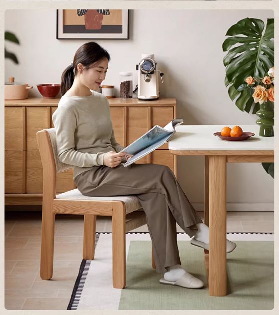 4 pcs Oak Solid Wood Dining Chair with Upholstered Seat, French Style