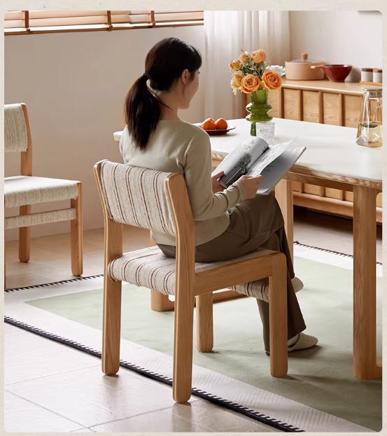 4 pcs Oak Solid Wood Dining Chair with Upholstered Seat, French Style