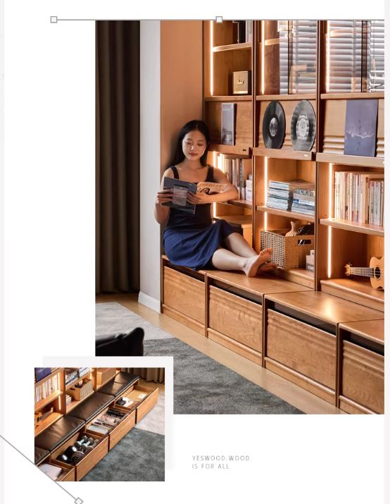Cherry Solid Wood Bookcase with Wall Integration and Floor Storage Cabinet