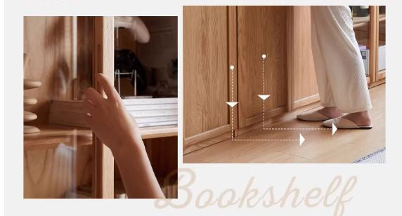 Oak Solid Wood Bookcase with Glass Doors, Large Oak Storage Cabinet for Living Room Display