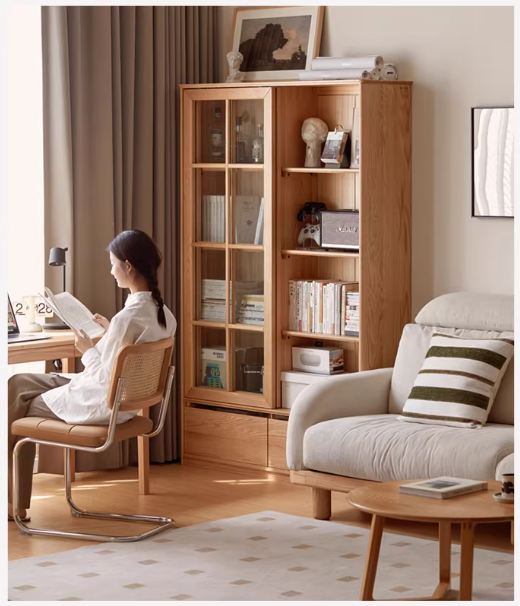 Ash Solid Wood Bookcase with Sliding Doors and Floor-to-Wall Glass Display Cabinet