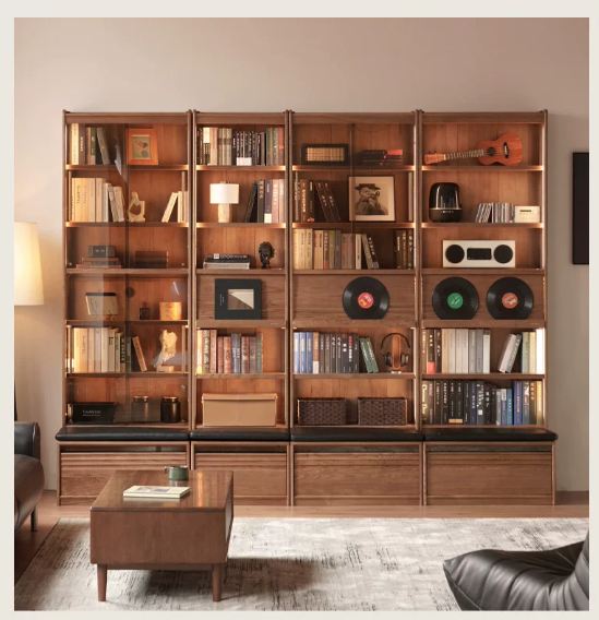 Ash Solid Wood Bookcase with Built In Bench Seat and Storage Drawer, Display Cabinet