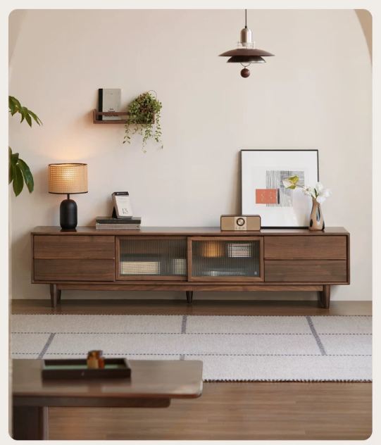 Black Walnut, Ash Solid Wood, Solid Longan Hardwood TV Cabinet with Sliding Door Storage
