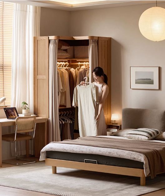 Oak Solid Wood Corner Wardrobe with Removable and Washable Fabric Curtain