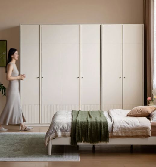 Pine Solid Wood Wardrobe with French Cream Finish and Double Doors