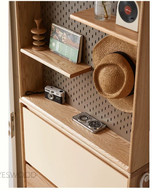Oak Solid Wood Ultra-Thin Shoe Cabinet with Flip Door and Modern Entrance Design