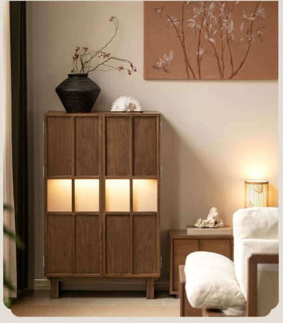 Black Walnut Solid Wood Lattice Door Side Cabinet with LED Lighting