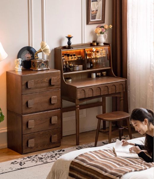 Black Walnut Solid Wood French Retro Multifunctional Vanity Table