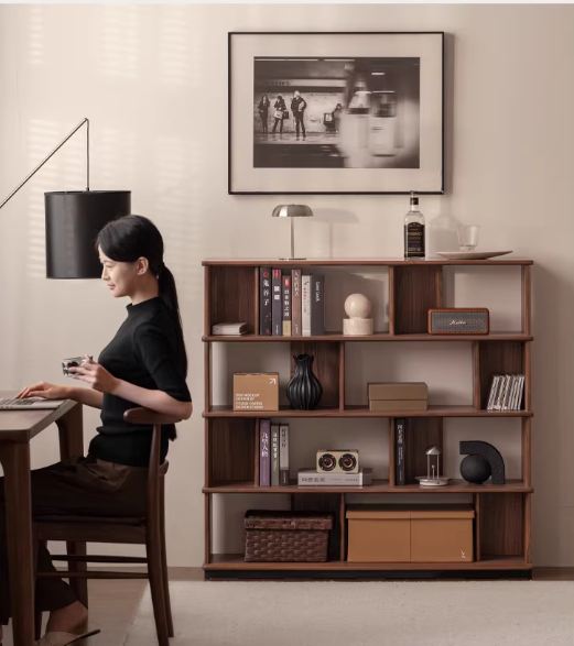 Black Walnut, Sandalwood Solid Wood Bookshelf with Light Luxury Display Shelves