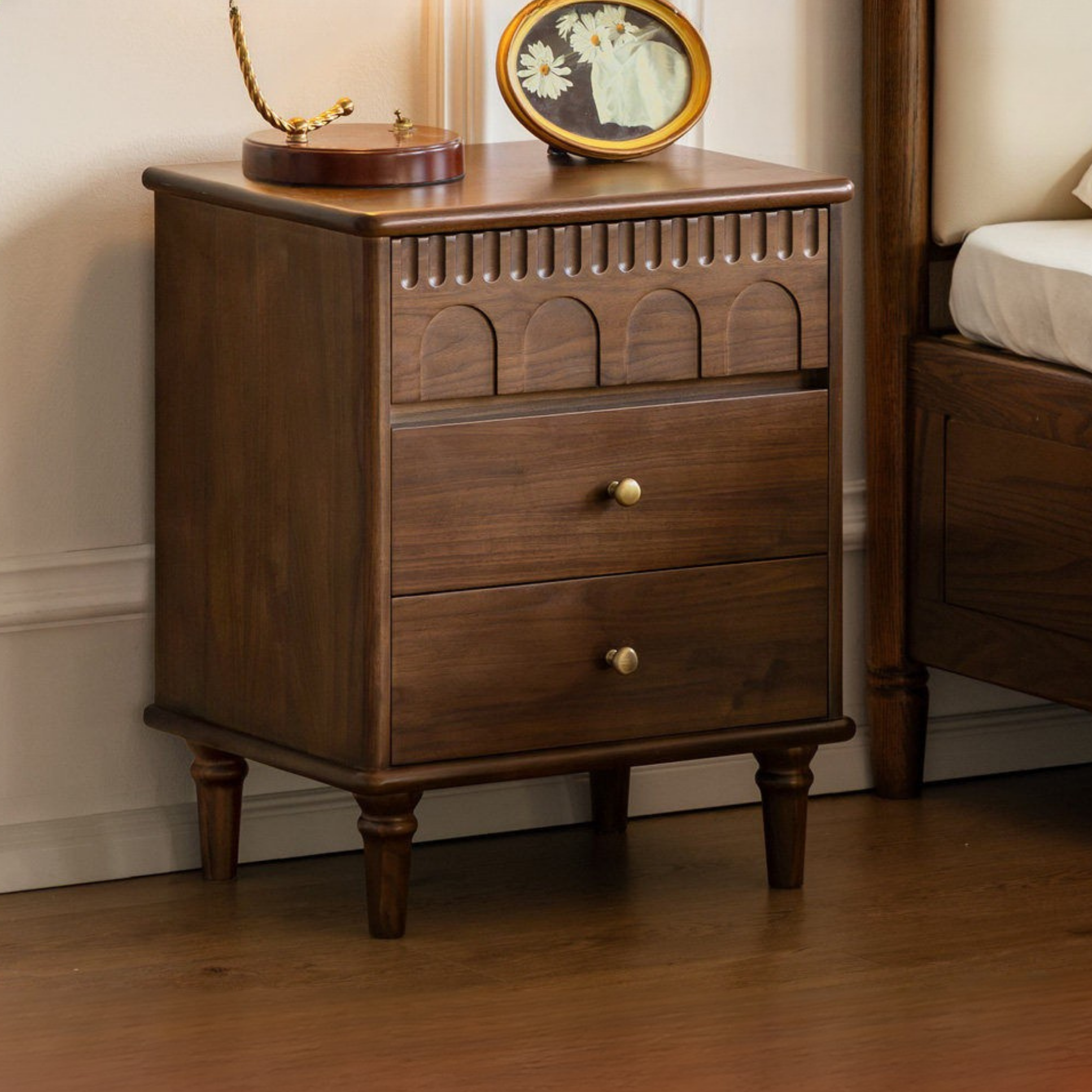 Black Walnut Solid Wood French Retro Nightstand