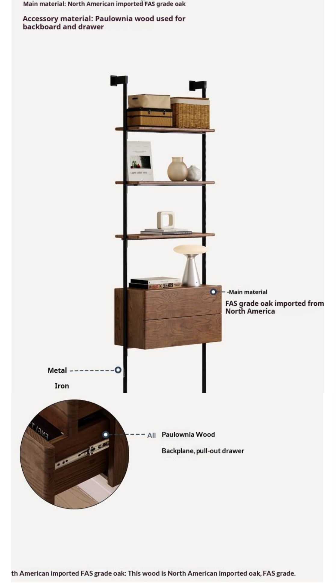 Oak Solid Wood Wall-Mounted Bookshelf Industrial Style