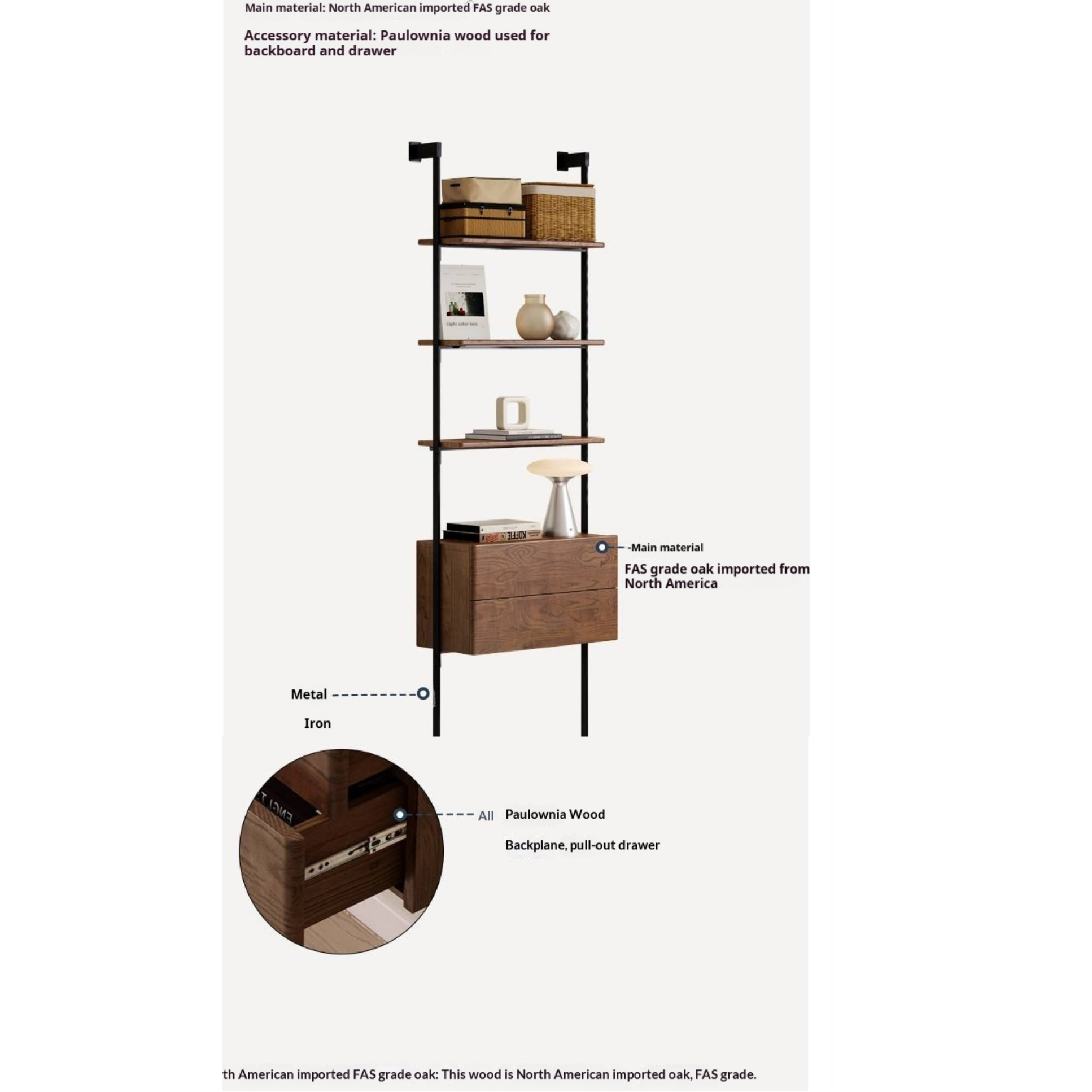 Oak Solid Wood Wall-Mounted Bookshelf Industrial Style