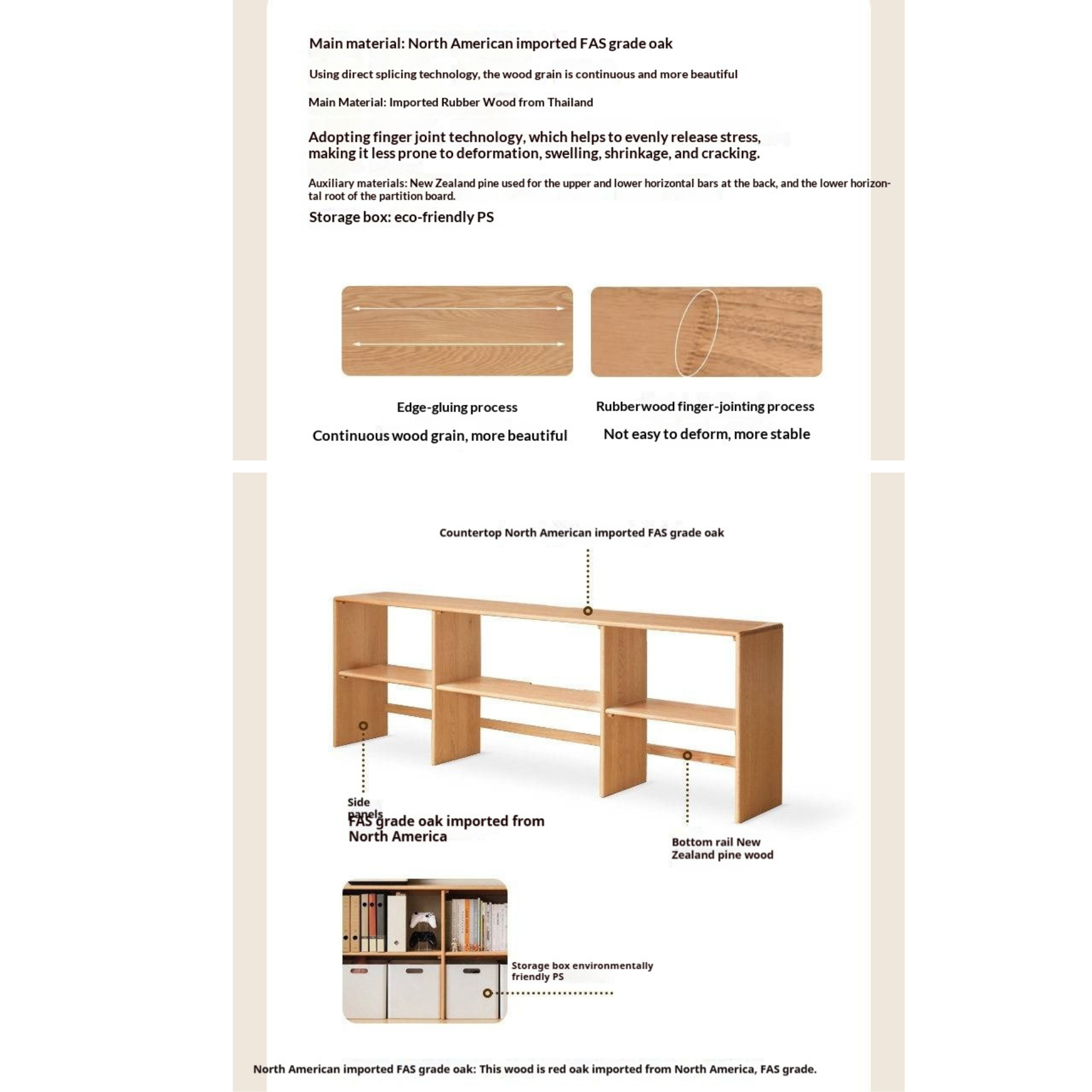 Oak, Solid Rubberwood TV Cabinet Minimalist Children's Toy Storage.