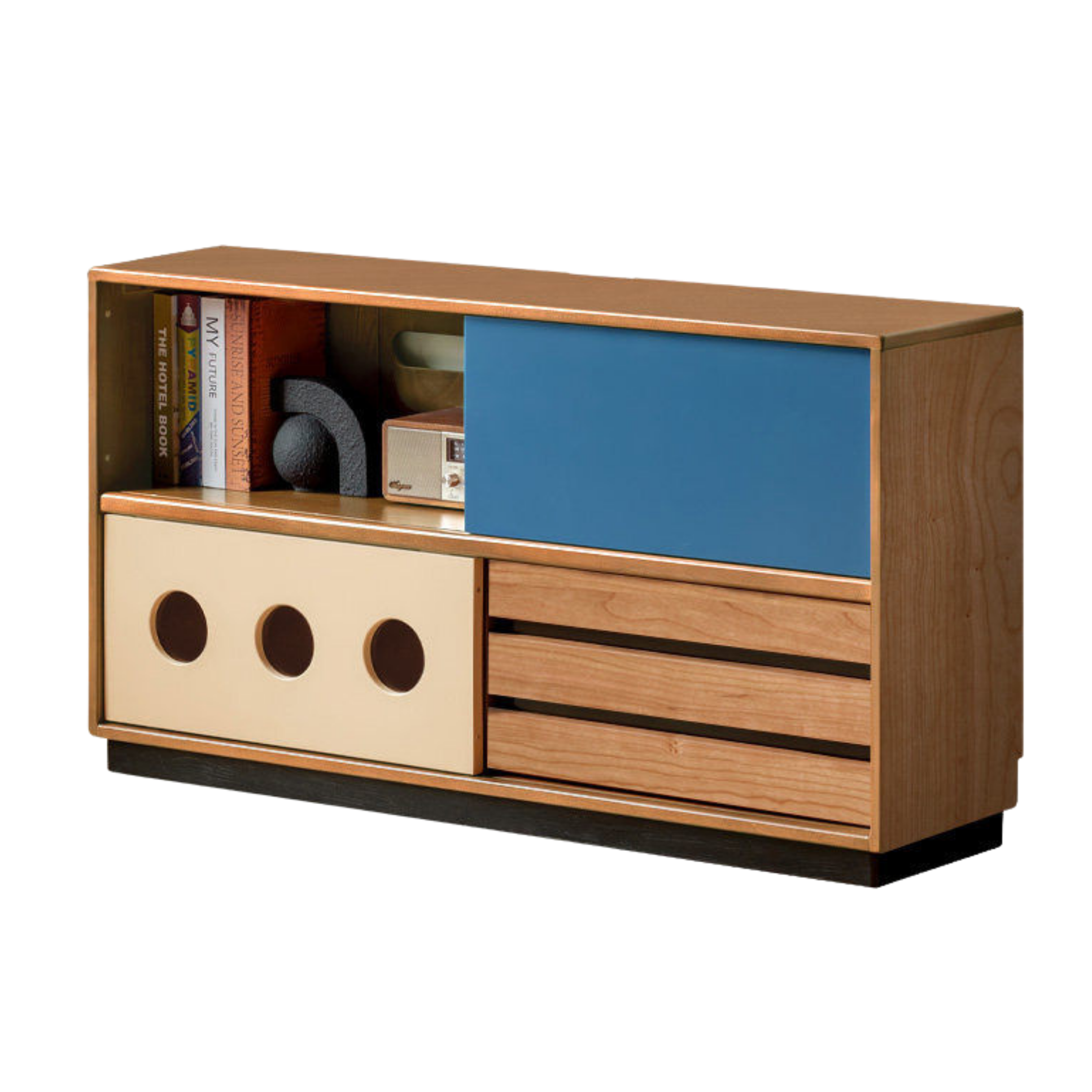 Cherry Solid Wood Vintage TV Stand with Wall-Mounted Tall Cabinet Design