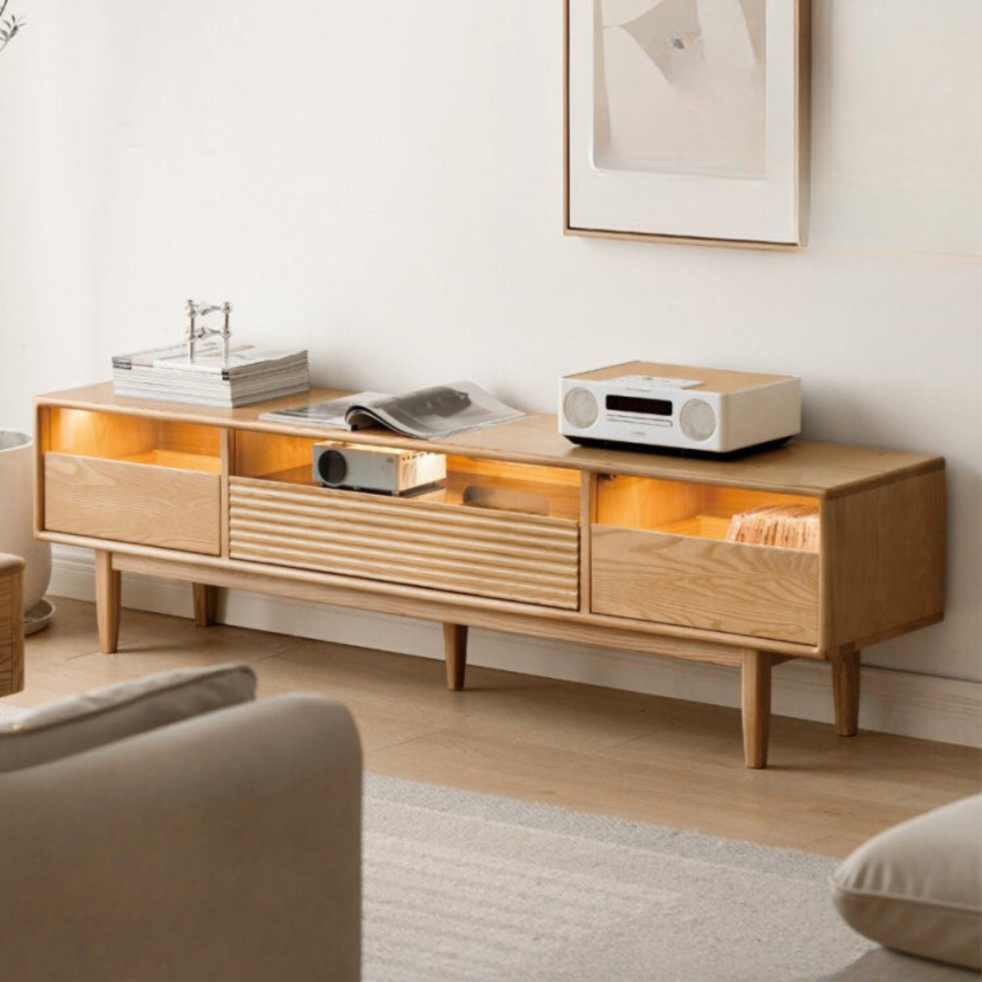 Ash Solid Wood Floor Modern Rock Board TV Cabinet.