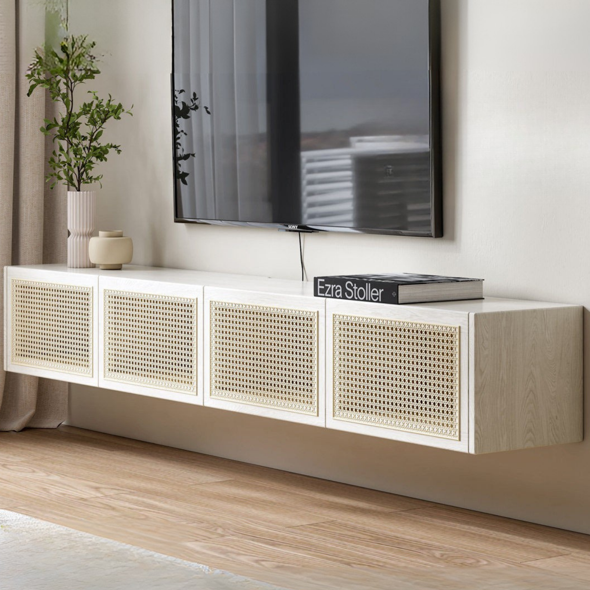 Ash Solid Wood Rattan TV Cabinet Cream Style LED Lights.