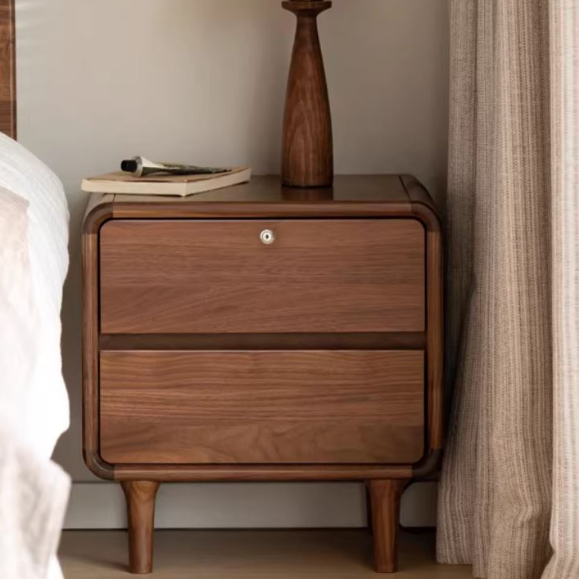 Black Walnut Solid Wood, Sandalwood Lockable Nightstand