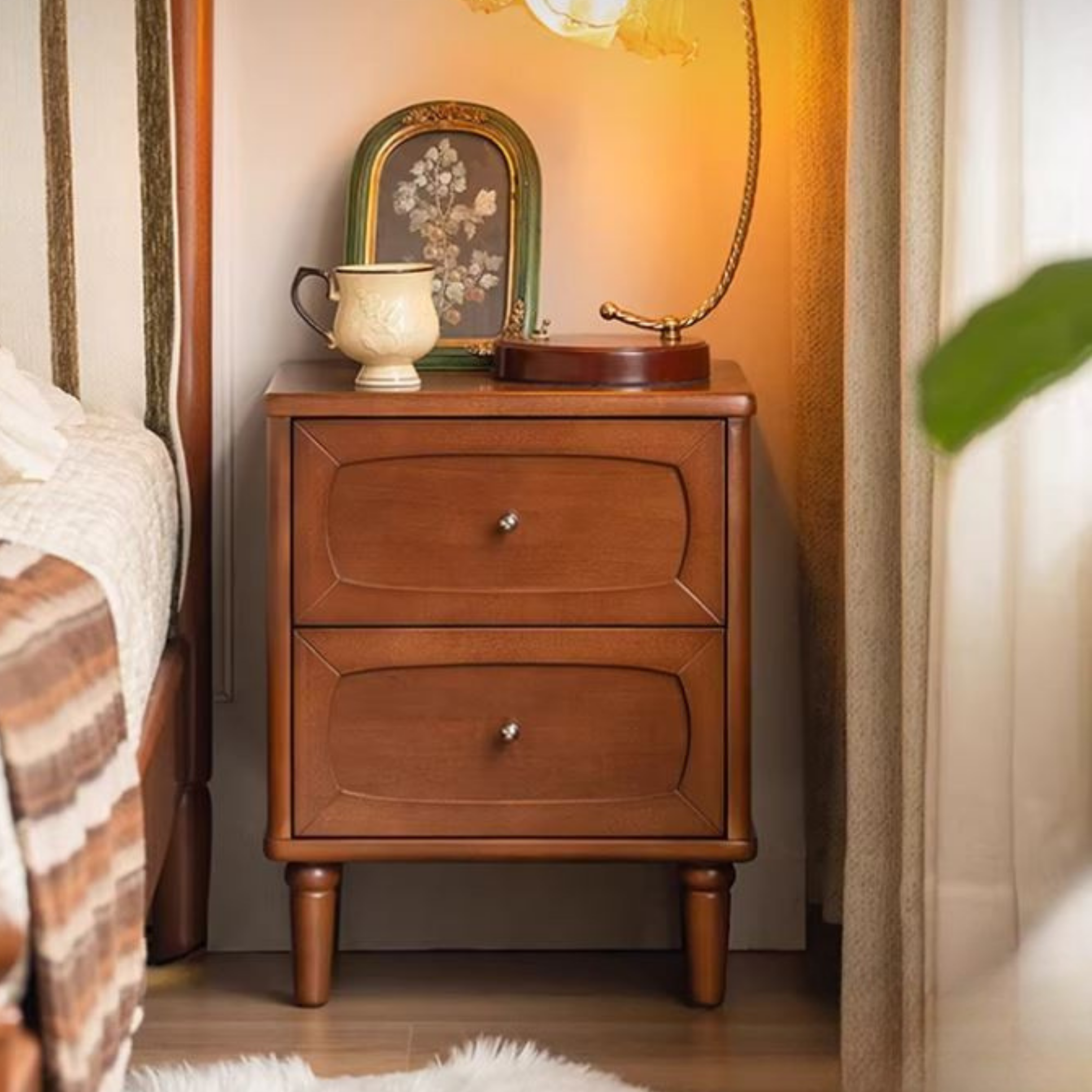 Black Walnut, Poplar Solid Wood French Retro Style Nightstand