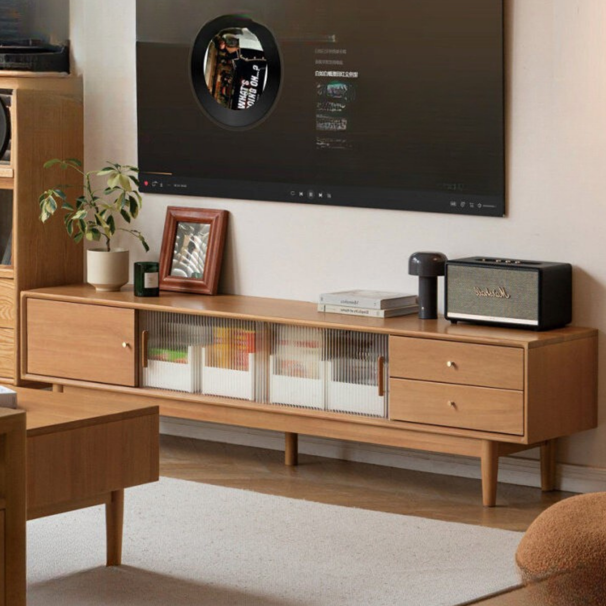 Poplar Solid Wood Glass Sliding Door Storage TV cabinet.