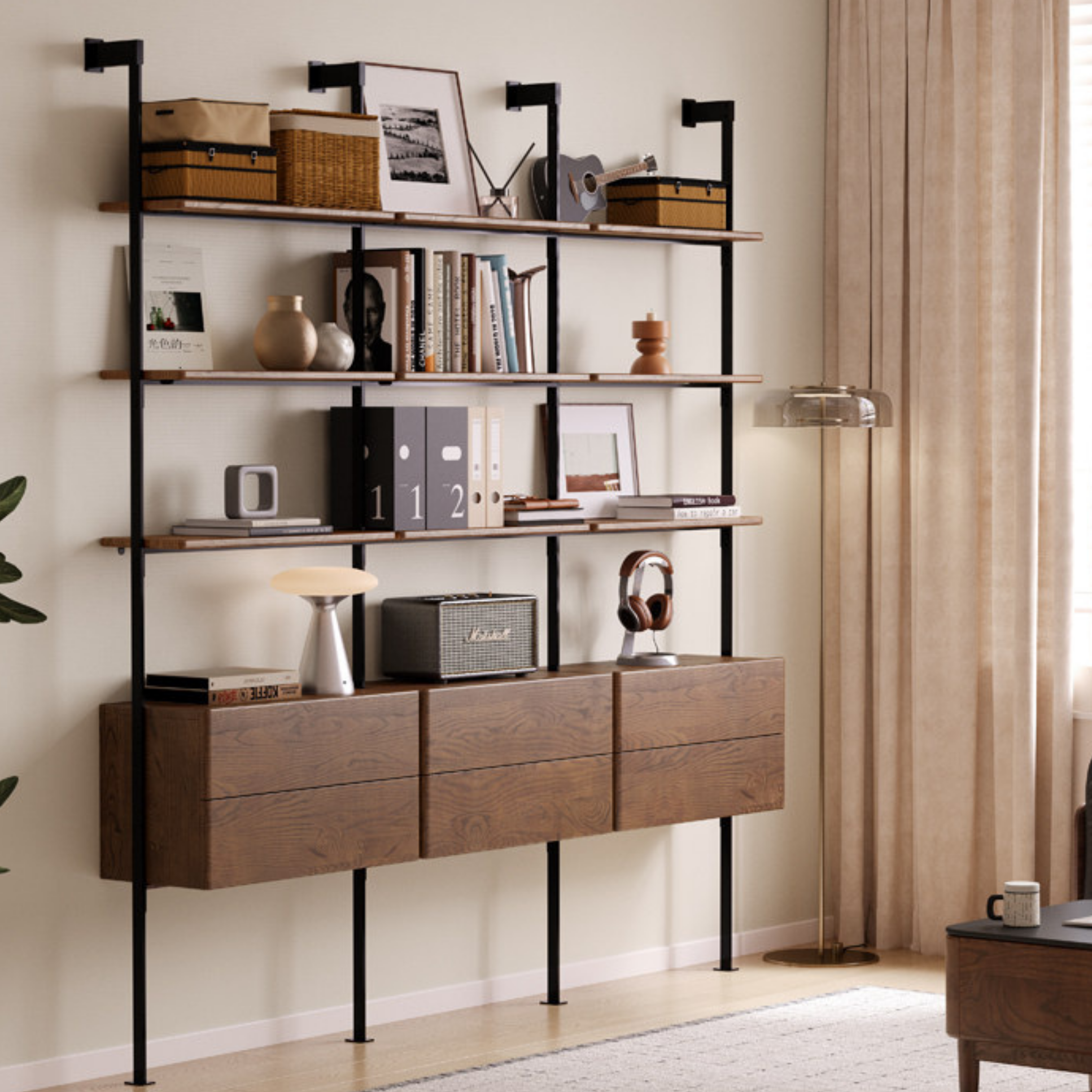 Oak Solid Wood Wall-Mounted Bookshelf Industrial Style