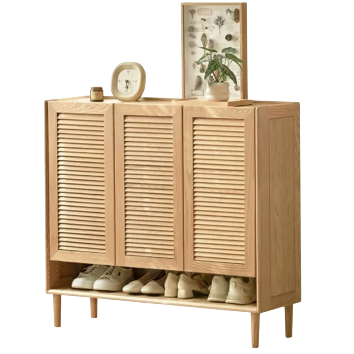 Oak Solid Wood Louvered Door Shoe Cabinet with Open Shelf for Entryway