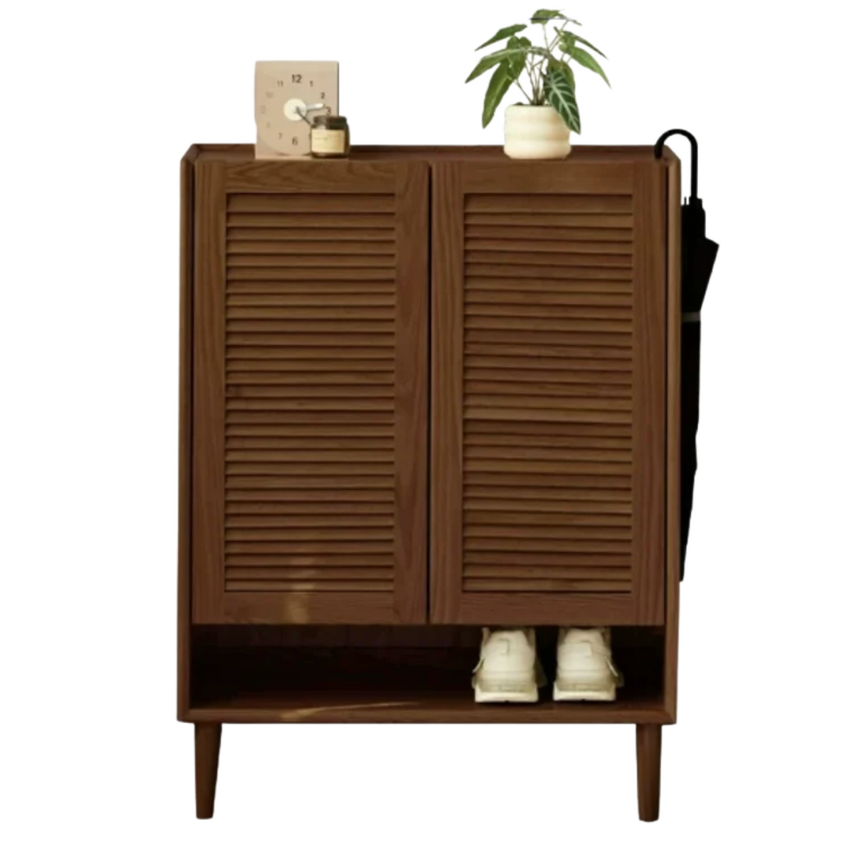 Oak Solid Wood Louvered Door Shoe Cabinet with Open Shelf for Entryway