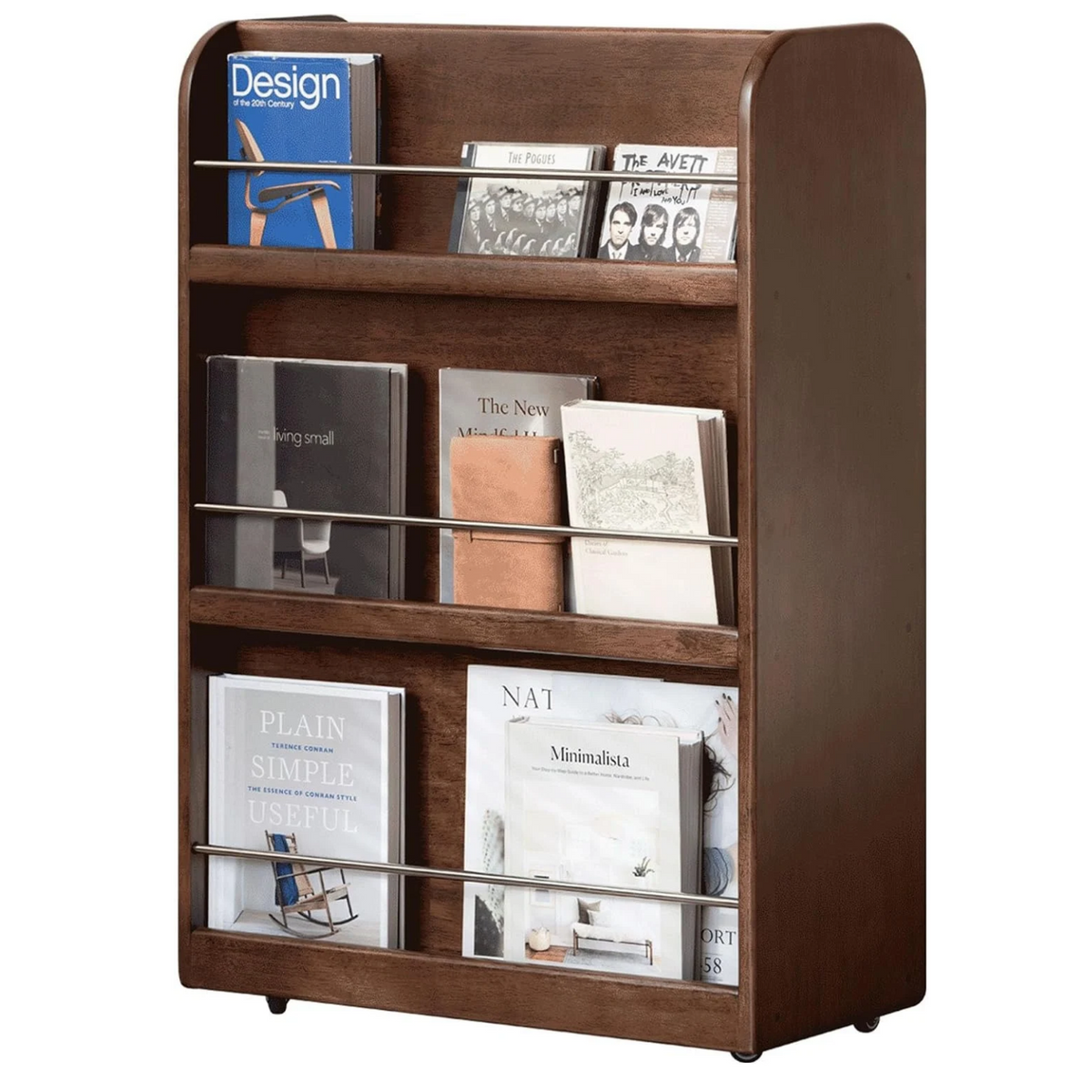 Rubberwood Solid Wood Rolling Bookcase with Wheels, Walnut
