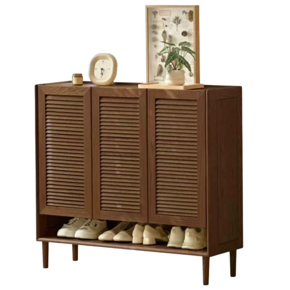 Oak Solid Wood Louvered Door Shoe Cabinet with Open Shelf for Entryway
