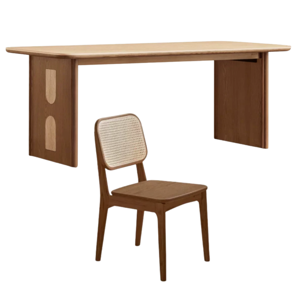 Black Walnut, Golden Sandalwood, Ash Solid Wood Dining Table with Arched Cutout Panel Legs and Two-Tone Inlay