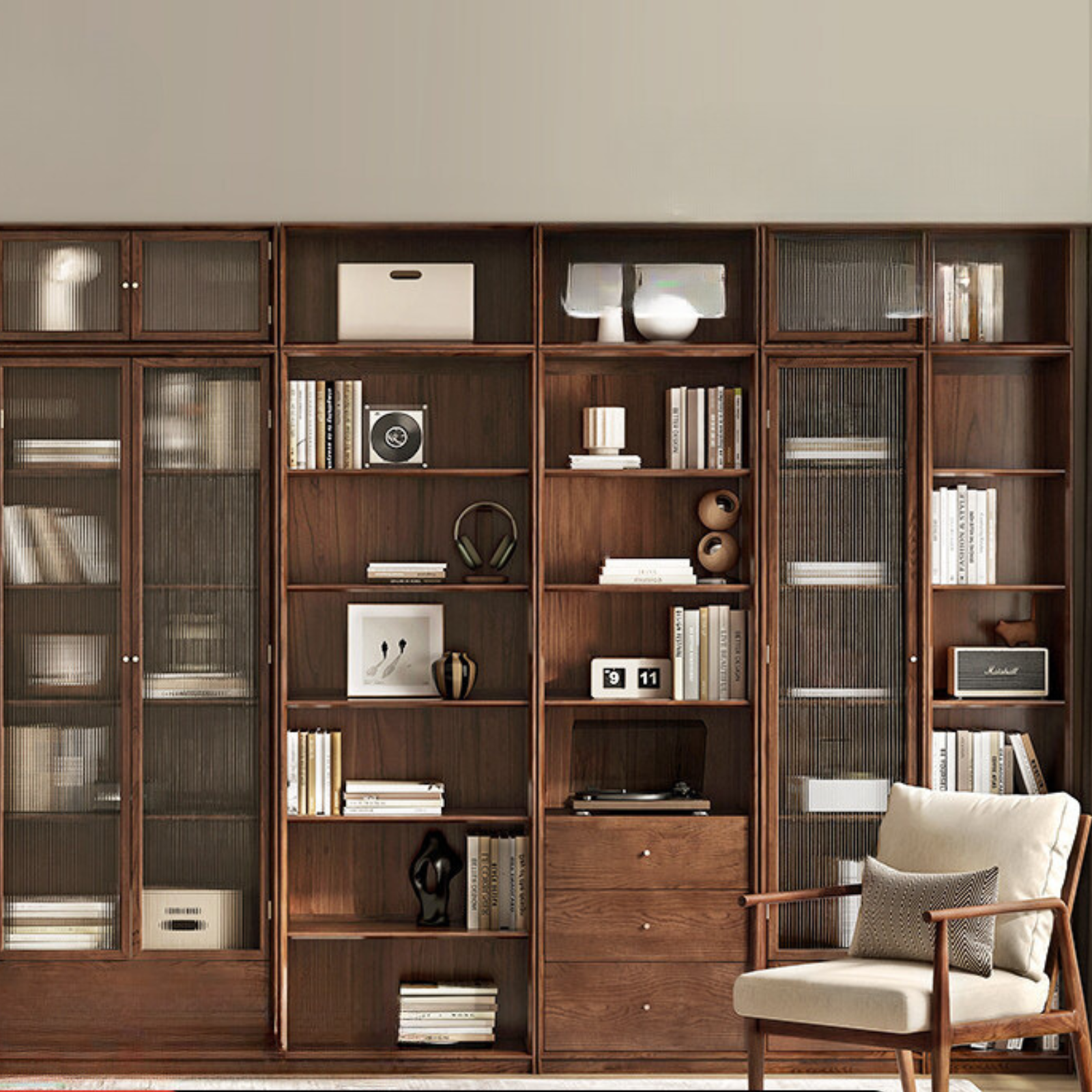 Oak Walnut solid wood cdust-proof glass door wall floor-to-ceiling bookshelf<