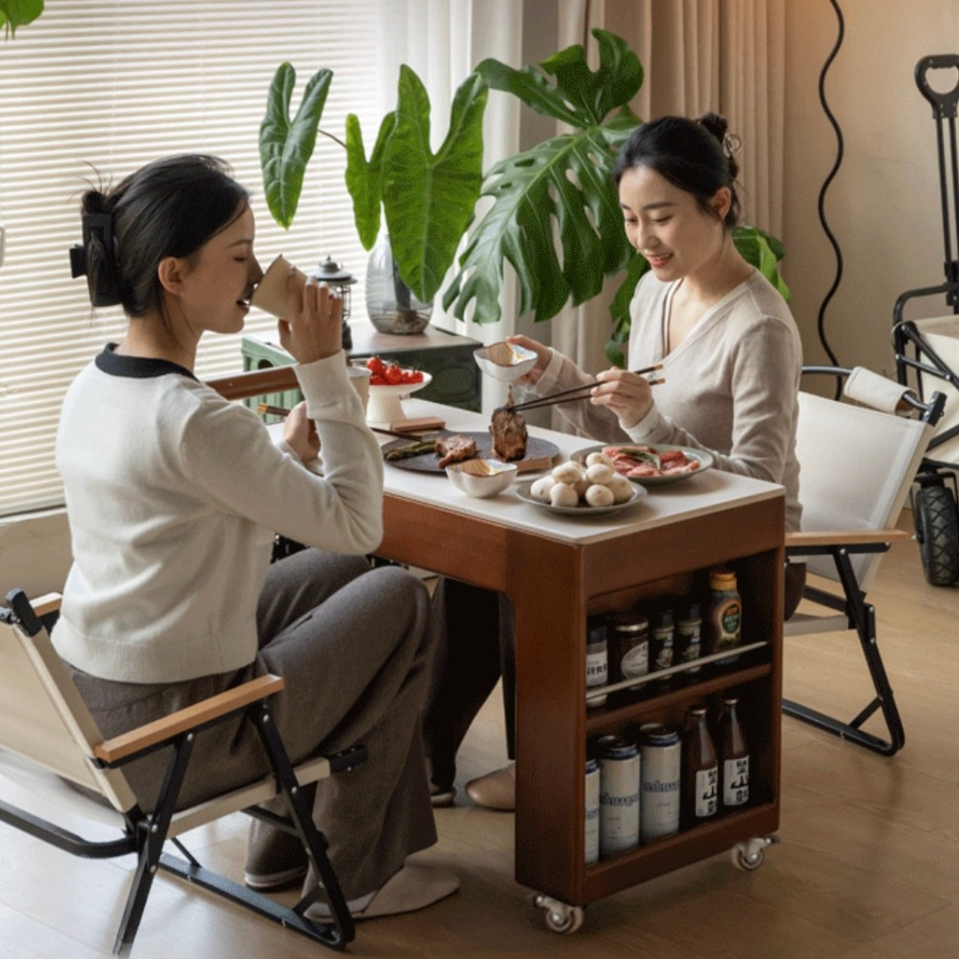 Poplar Solid Wood Coffee Table, Mobile Side Table for Making Tea Around The Stove