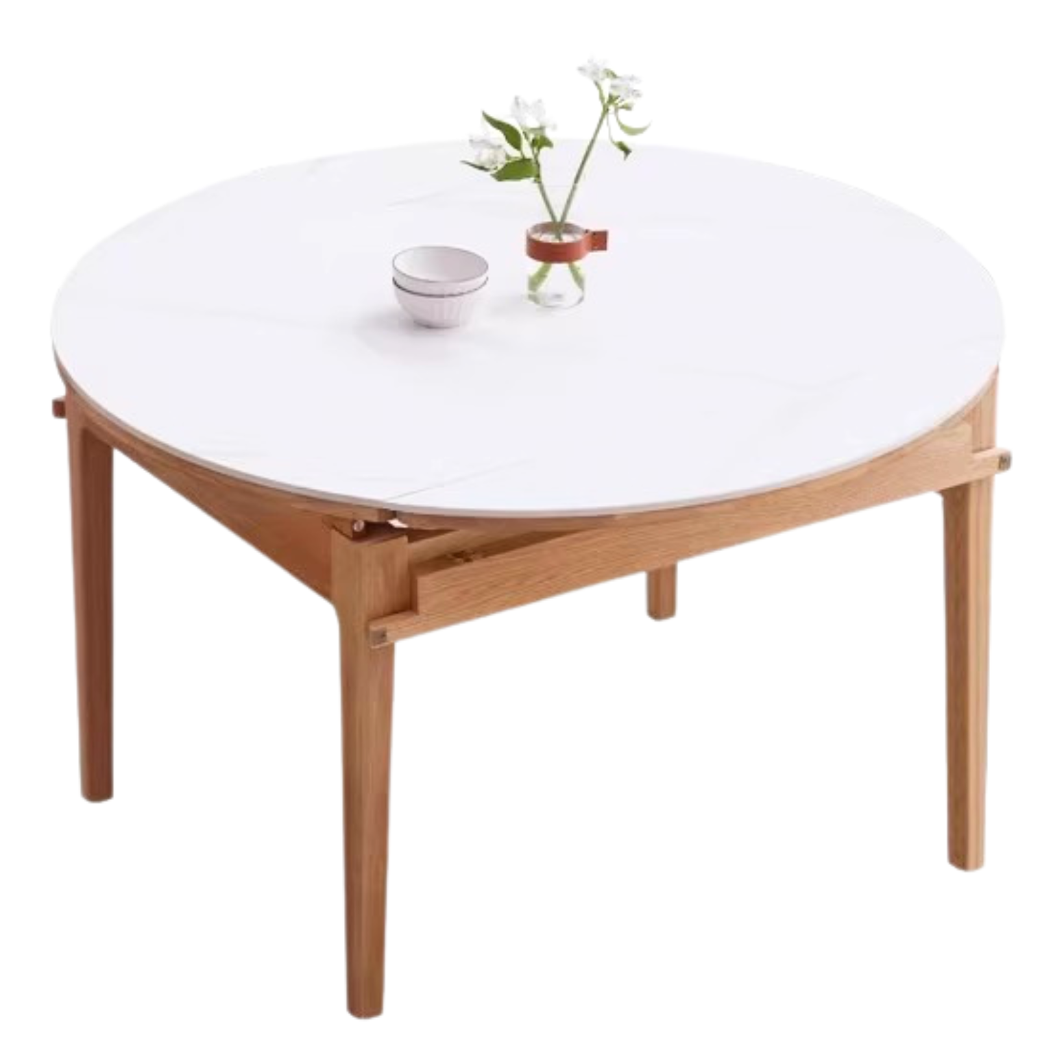 Oak solid wood Round folding dining table with rock slab surface,