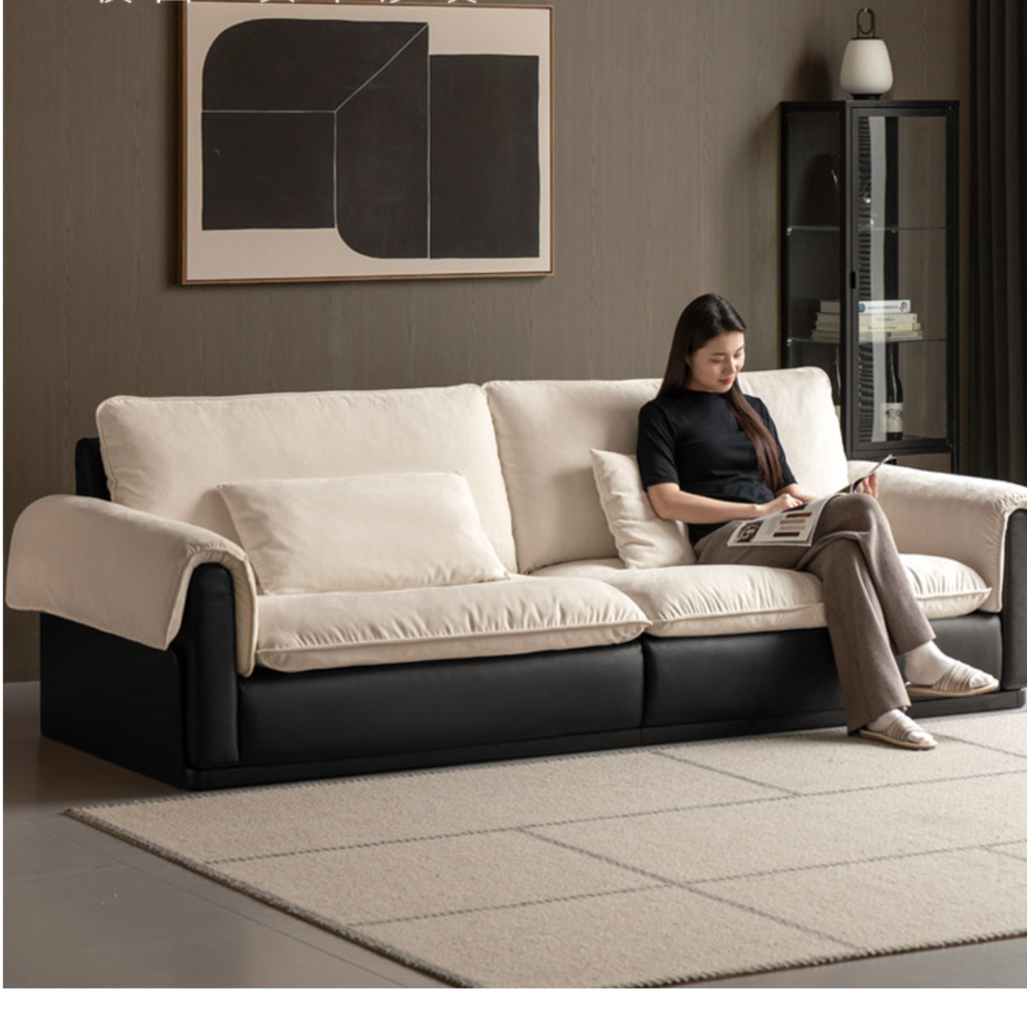 Ash solid Wood Sofa with Chenille and Eco Cloud Leather Upholstery