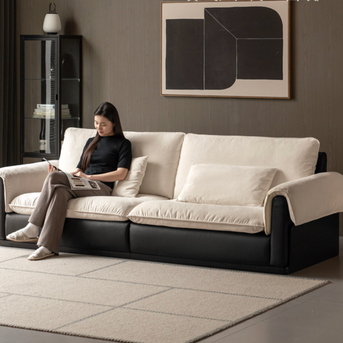 Ash solid Wood Sofa with Chenille and Eco Cloud Leather Upholstery