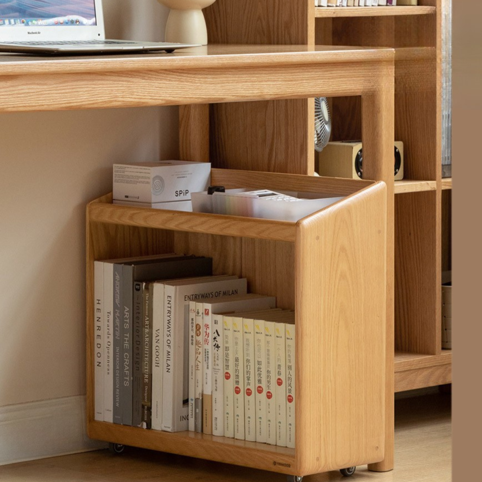 Oak Solid Wood Under-desk Mobile Bookshelf