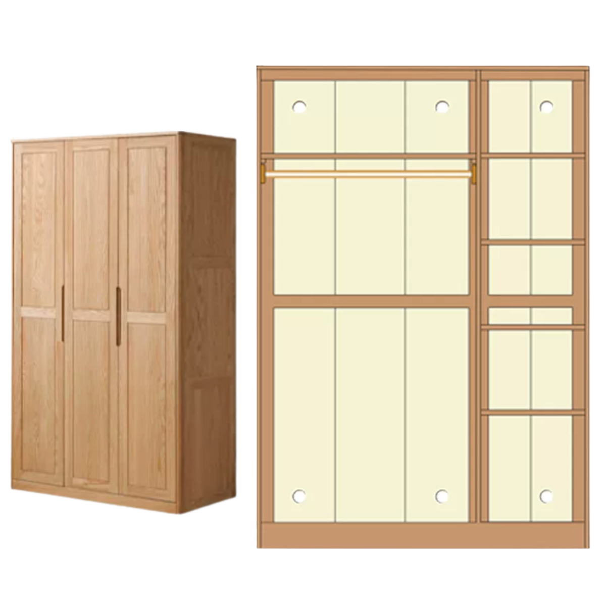 Oak solid wood Wardrobe with Flat Panel Doors and Groove Handles